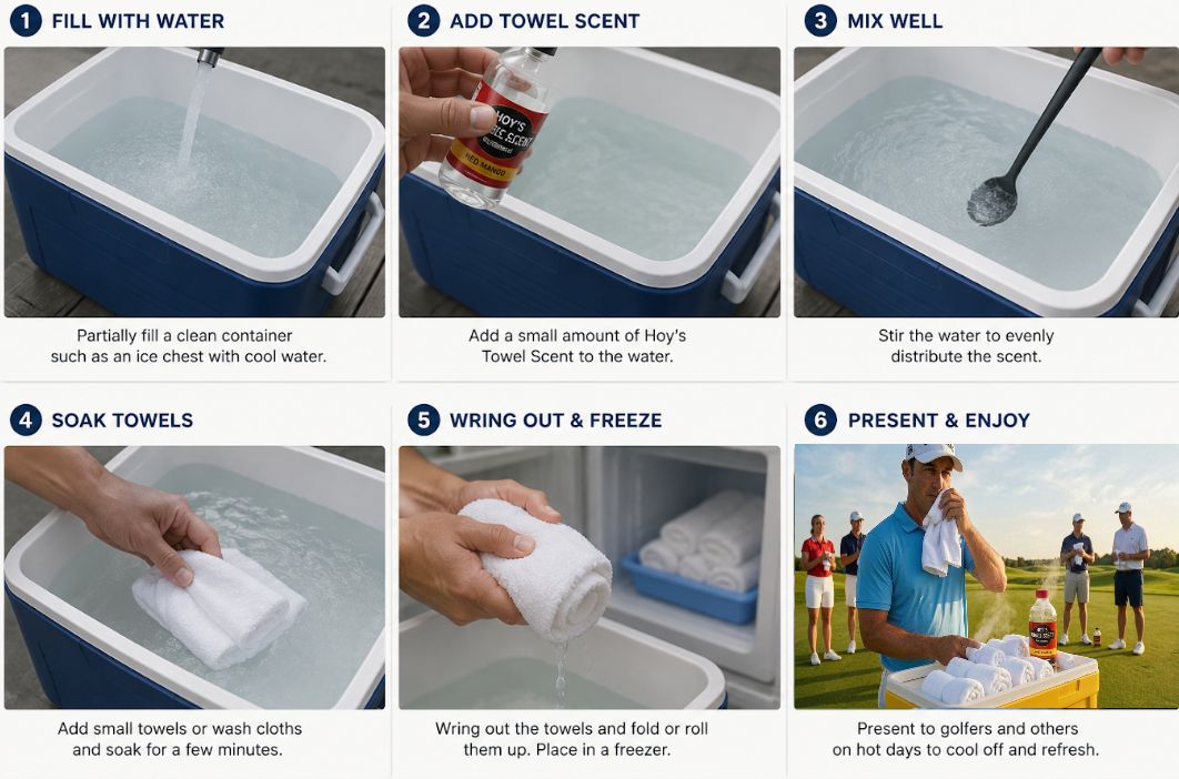 Six steps for preparing Hoy's Towel Scent: fill with water, add towel scent, mix well, soak towels, wring out and freeze, then present and enjoy